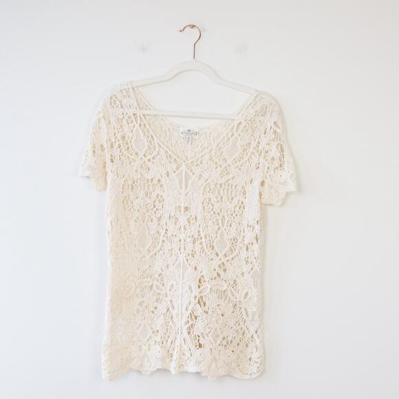 Y2K Vintage Lace Crocheted Cream Top Medium - Picture 1 of 6